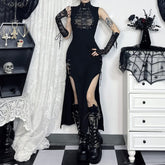 Schwarzes Gothic Punk Midikleid mit Schnürung und Schlitz